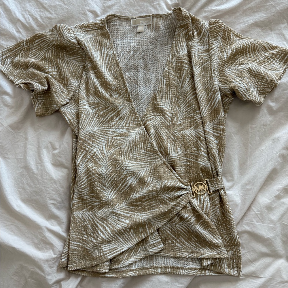 Michael Kors Beige Patterned Wrap Blouse